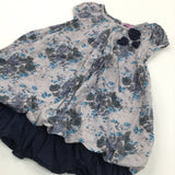 Flowers Grey & Navy Bubble Hem Cotton Dress - Girls 18-24 Months