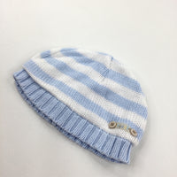 White & Blue Striped Lined Knitted Hat - Boys 0-3 Months