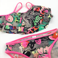 Graffiti Pink & Grey Bikini / Tankini Set - Girls 7-8 Years