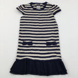 Sequins Navy and Cream Stripe Knitted Dress with Bow Pockets - Girls 9-10 Years