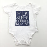 'Milk Sleep Cuddle Repeat' Sparkle White Short Sleeve Bodysuit - Girls 12-18 Months