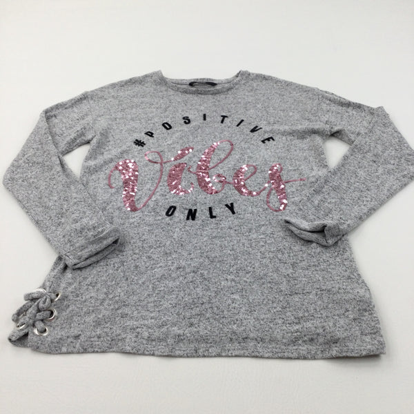 'Positive Vibes Only' Sequins Grey Mottled Lightweight Knitted Jumper - Girls 11-12 Years