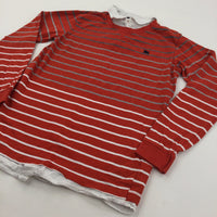 Bulldog Motif Orange & Grey Stiped Long Sleeve Top with Faux Shirt Collar & Hem - Boys 11-12 Years