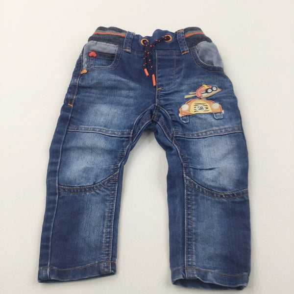 Car Appliqued Mid Blue Denim Jeans - Boys 6-9 Months