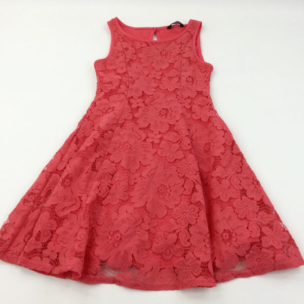 Flowers Broderie Overlay Light Red Polyester Sun/Party Dress - Girls 12-13 Years