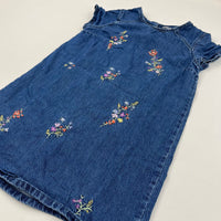 Flowers Embroidered Mid Blue Denim Short Sleeve Dress - Girls 11-12 Years