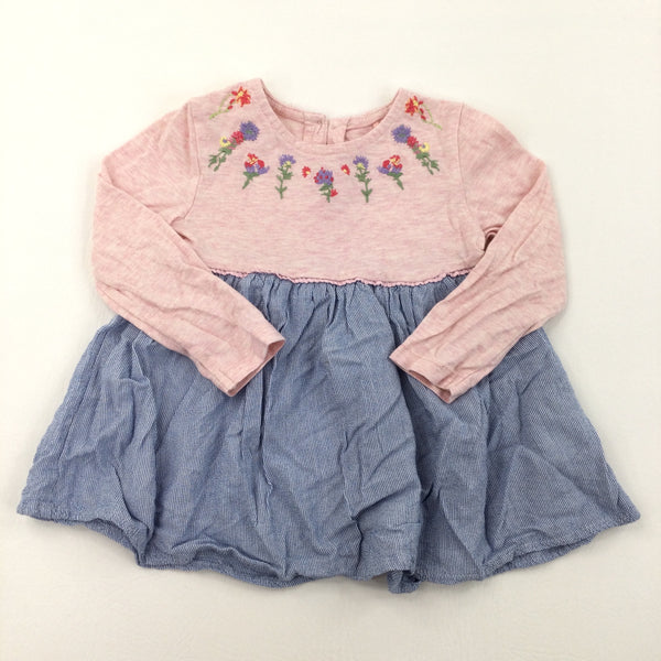 Flowers Pink & Blue Long Sleeve Dress - Girls 12-18 Months