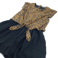 Animal Print Tan & Black Polyester Playsuit & Attached Sheer Blouse Overlay - Girls 12-13 Years