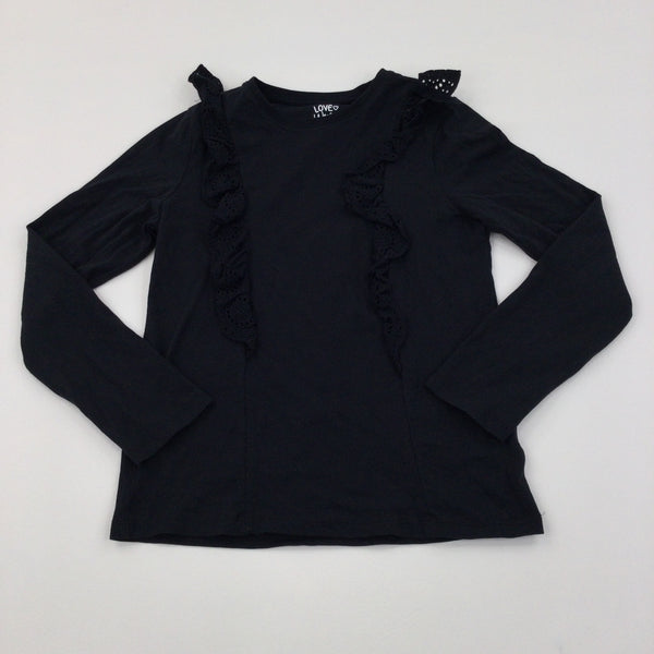 Ruffle Front Black Long Sleeve Top - Girls 10-11 Years