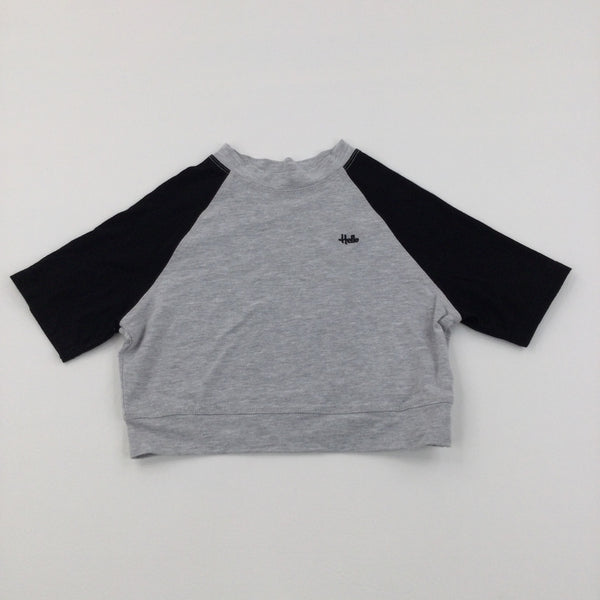 'Hello' Embroidered Grey and Black Cropped Top - Girls 10-11 Years