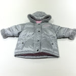 'Next' Silver Grey Fleece Lined Faux Fur Trim Parka Coat with Hood  - Girls 6-9 Months