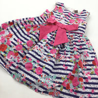 Flowers Pink, Navy & White Striped Party Dress - Girls 12-18 Months