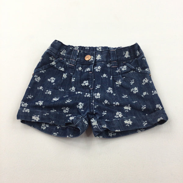 Flowers White & Blue Denim Shorts with Adjustable Waistband - Girls 12-18 Months