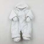 'My First Teddy' White Fleece Lined Pramsuit with Detachable Mittens & Booties  - Boys/Girls Newborn