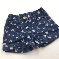 Flowers White & Blue Denim Shorts with Adjustable Waistband - Girls 12-18 Months