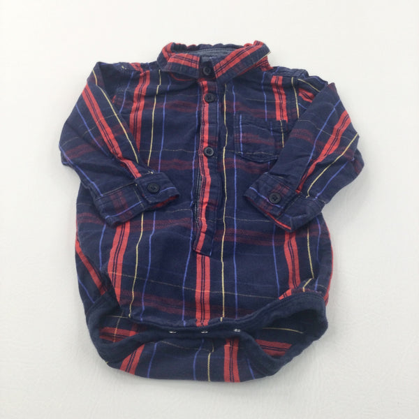 Red, Navy & Yellow Checked Cotton Shirt Style Long Sleeve Bodysuit - Boys 9-12 Months