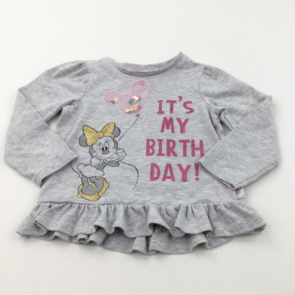 'It's My Birthday' Minnie Mouse Glittery Grey Long Sleeve Top - Girls 2-3 Years