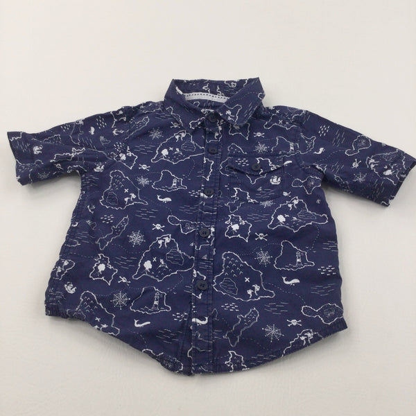 Pirate Treasure Map Navy Cotton Shirt - Boys 12-18 Months