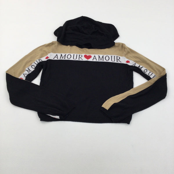 'Amour' Hearts Brown, White & Black Lightweight Knitted Hoodie Jumper - Girls 11-12 Years
