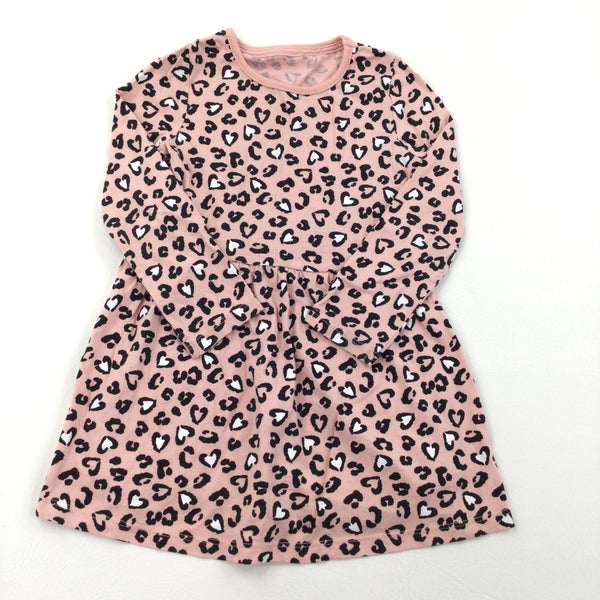 Heart Leopard Print Pink Long Sleeve Dress - Girls 18-24 Months