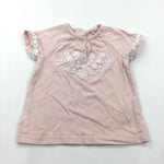 Flowers Embroidered Pink & White T-Shirt - Girls 3-6 Months