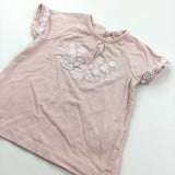 Flowers Embroidered Pink & White T-Shirt - Girls 3-6 Months