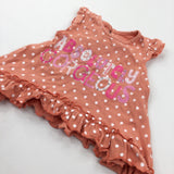 'Absolutely Gorgeous' Diamontes Spotty Peach Pink Tunic Top with Frilly Hem - Girls 3-6 Months