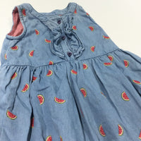 Watermelons Embroidered Blue Denim Effect Lined Dress - Girls 6-9 Months