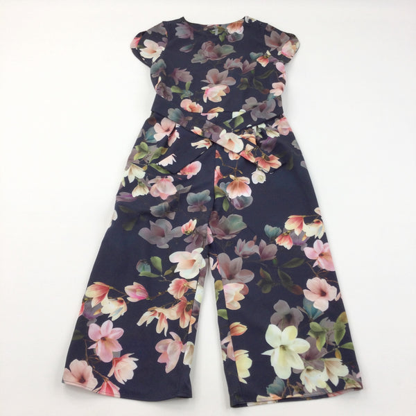 Flowers Navy Smart Polyester Jumpsuit - Girls 10 Years