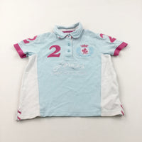 'Joules Camel Polo Dubai' Pale Blue, White & Pink Polo Shirt - Girls 5 Years