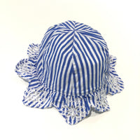 Blue & White Cotton Sun Hat with Broderie Brim - Girls 0-3 Months