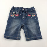 Flowers Embroidered Mid Blue Denim Jeans - Girls 6-12 Months