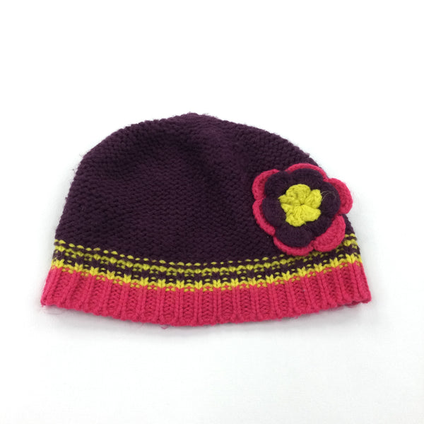 Flowers Purple, Yellow & Pink Knitted Hat - Girls 6-12 Months