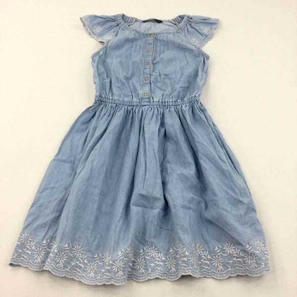 Flowers Embroidered Blue Denim Effect Cotton Dress - Girls 9-10 Years