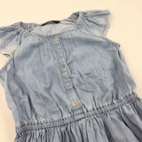 Flowers Embroidered Blue Denim Effect Cotton Dress - Girls 9-10 Years