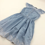 Flowers Embroidered Blue Denim Effect Cotton Dress - Girls 9-10 Years