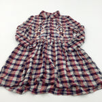 Flowers Embroidered Burgundy, Beige & Navy Checked Cotton Dress - Girls 6 Years