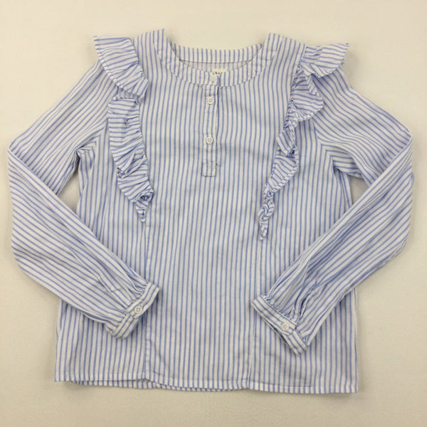 Blue & White Striped Frilly Blouse - Girls 8 Years