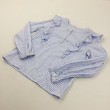 Blue & White Striped Frilly Blouse - Girls 8 Years