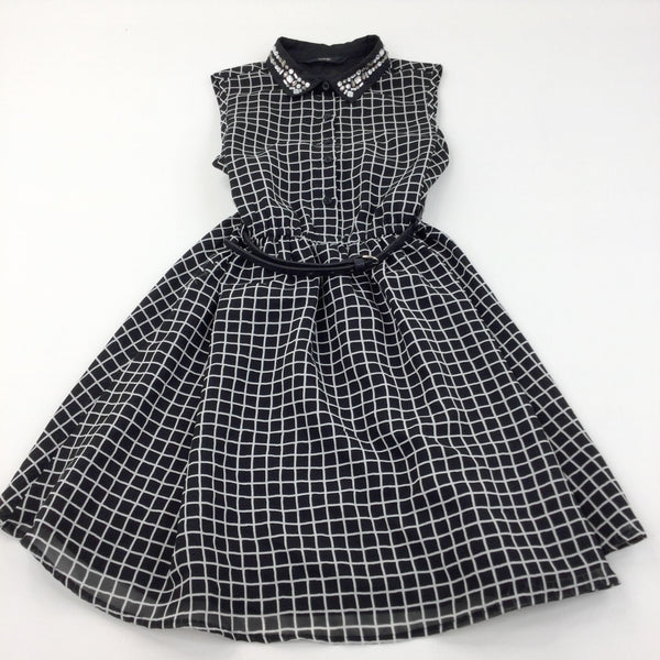 Beaded Collar Black & White Checked Polyester Dress with Belt - Girls 10-11 Years