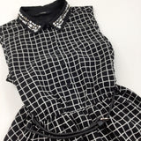 Beaded Collar Black & White Checked Polyester Dress with Belt - Girls 10-11 Years