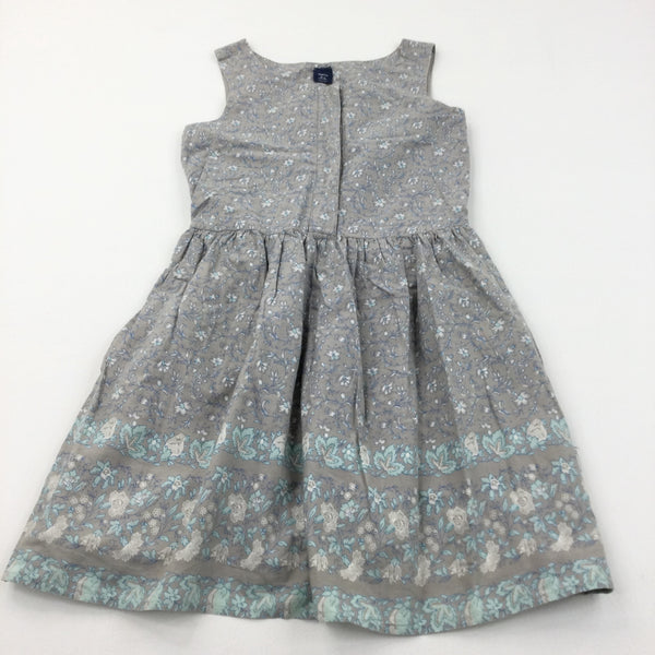 Flowers Light Brown & Blue Cotton Sun Dress - Girls 10-11 Years