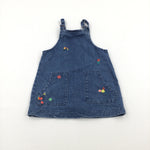Flowery Embroidered Mid Blue Denim Dress - Girls 12-18 Months