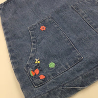 Flowery Embroidered Mid Blue Denim Dress - Girls 12-18 Months
