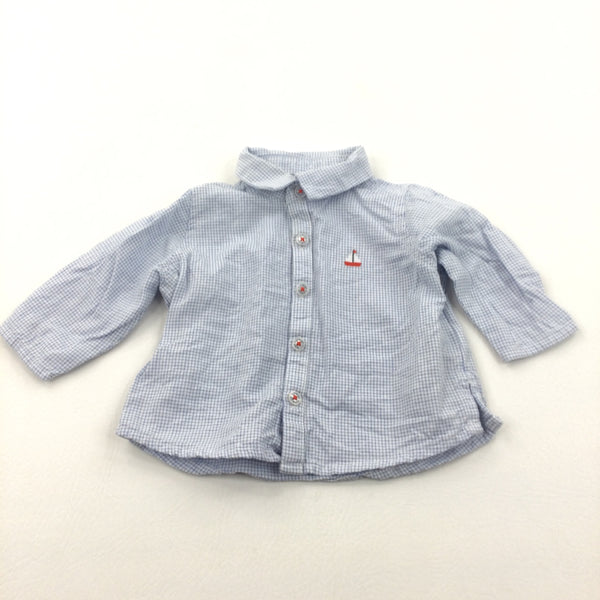 Sailing Boat Embroidered Blue & White Checked Cotton Shirt - Boys Newborn