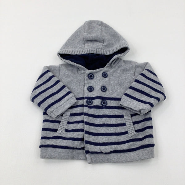 Striped Navy & Grey Fleece Lined Hooded Coat - Boys 3-6 Months