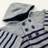 Striped Navy & Grey Fleece Lined Hooded Coat - Boys 3-6 Months