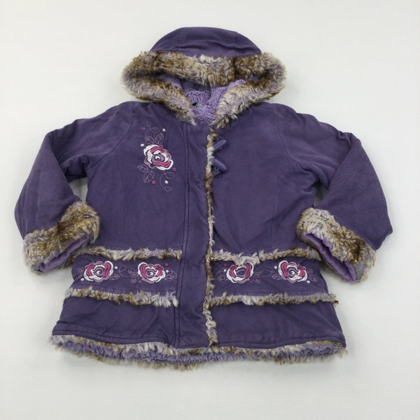 Embroidered Flowers Purple Coat with Faux Fur Trim - Girls 4-5 Years