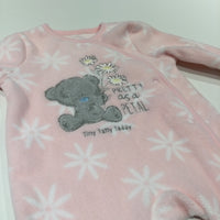 'Pretty As A Petal, Tiny Tatty Teddy' Flowers Appliqued Pink Lightweigh Fleece Pramsuit - Girls Newborn