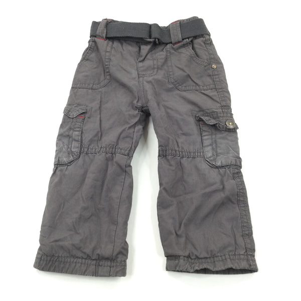Charcoal Grey Lined Cotton Cargo Trousers with Belt - Boys 12-18 Months
